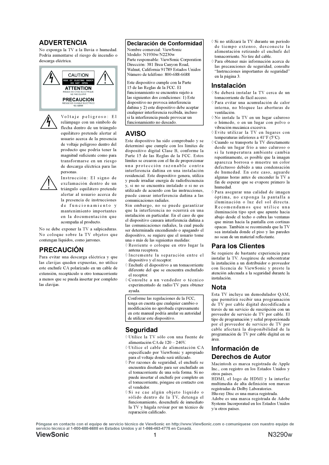 ViewSonic VS12120-1M ADVERTENCIa, AVISo, Seguridad, Instalación, Para los Clientes, Nota, Información de Derechos de autor 