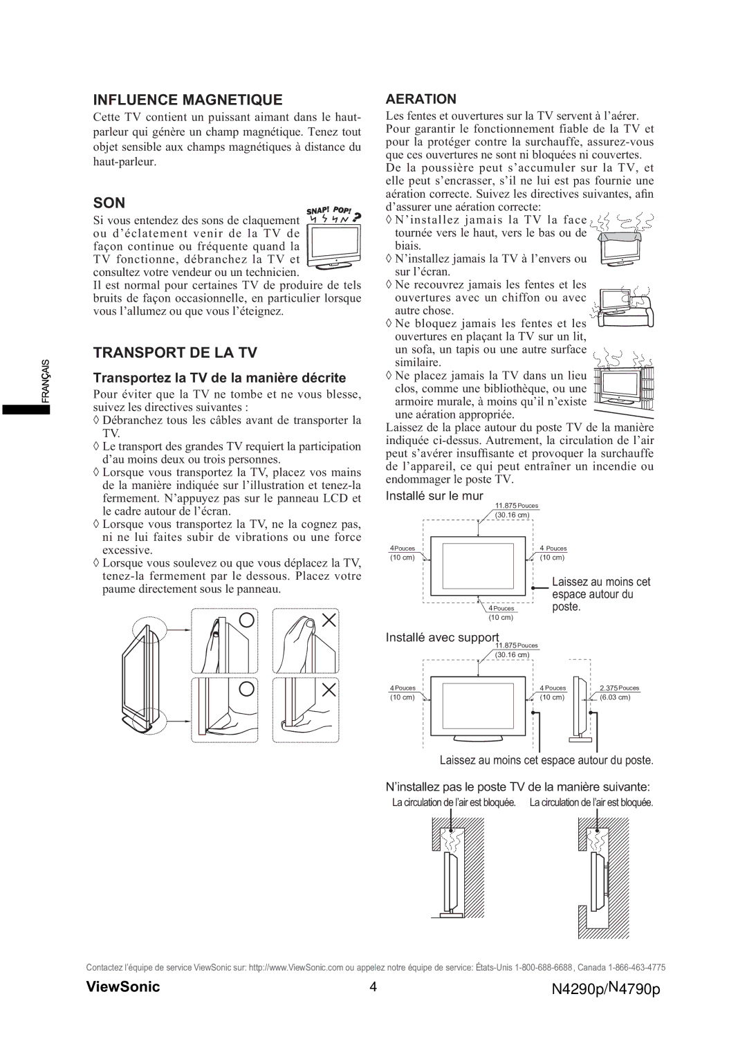 ViewSonic VS12121-1M, VS12122-1M warranty Influence Magnetique, Son, Transport DE LA TV 