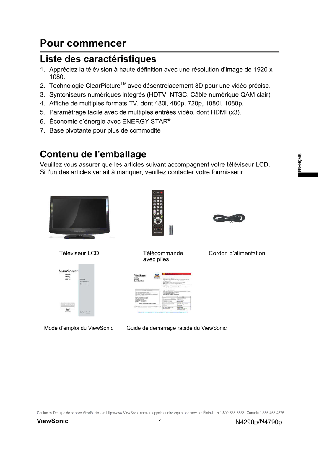 ViewSonic VS12122-1M, VS12121-1M warranty Liste des caractéristiques, Contenu de l’emballage 