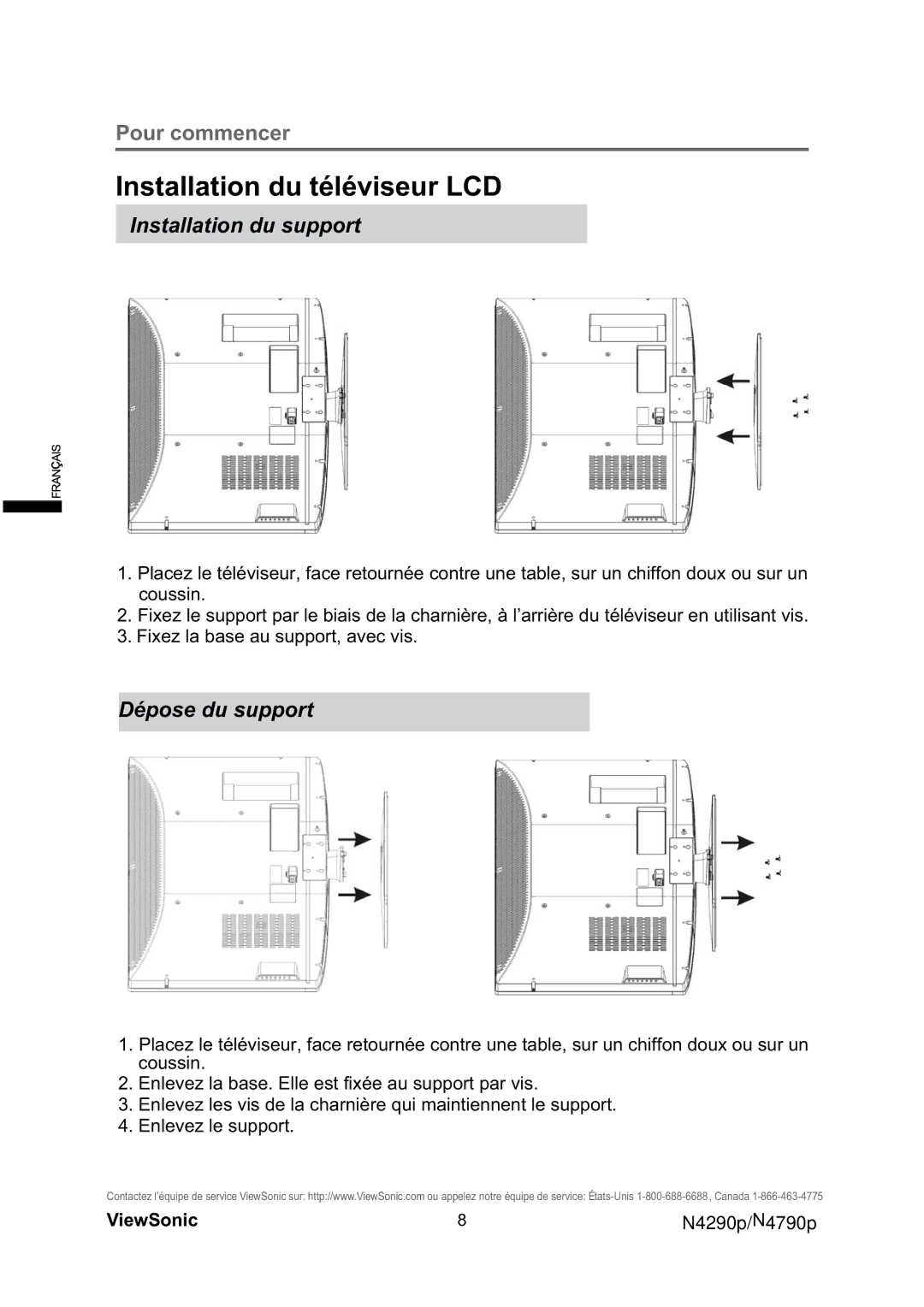 ViewSonic VS12121-1M, VS12122-1M warranty Installation du téléviseur LCD, Installation du support, Dépose du support 