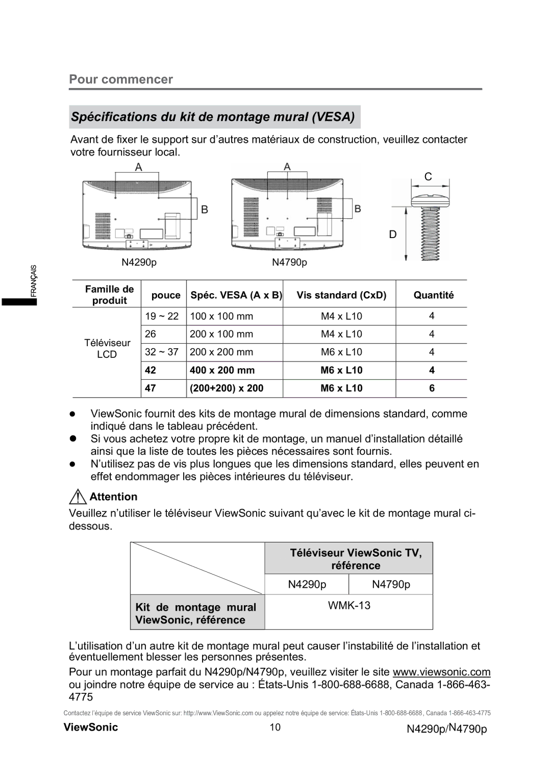 ViewSonic VS12121-1M, VS12122-1M warranty Spécifications du kit de montage mural Vesa 