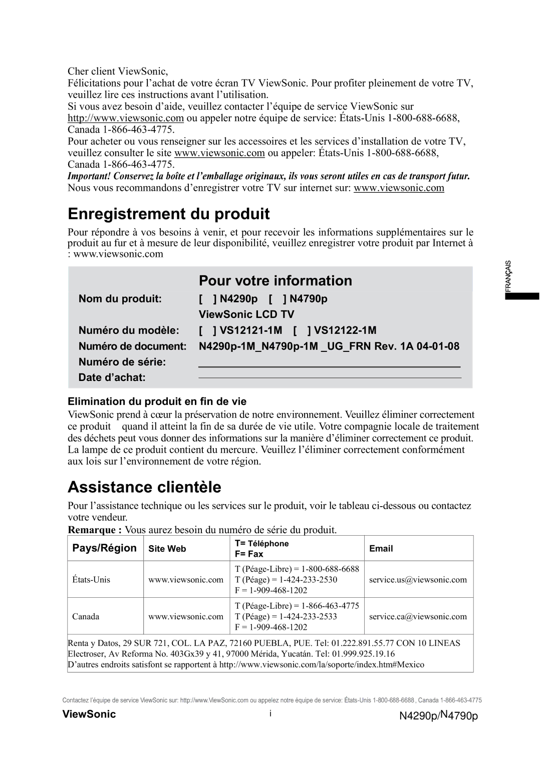 ViewSonic VS12122-1M, VS12121-1M warranty Enregistrement du produit, Assistance clientèle, Pays/Région, ViewSonic 