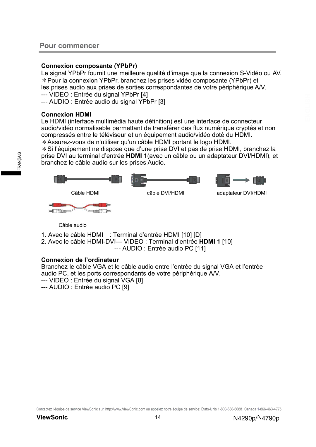 ViewSonic VS12121-1M, VS12122-1M warranty Connexion composante YPbPr, Connexion Hdmi, Connexion de l’ordinateur 