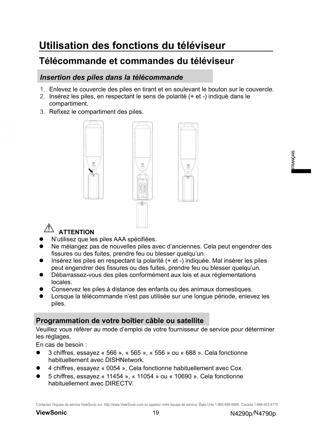 ViewSonic VS12122-1M, VS12121-1M warranty Télécommande et commandes du téléviseur, Insertion des piles dans la télécommande 