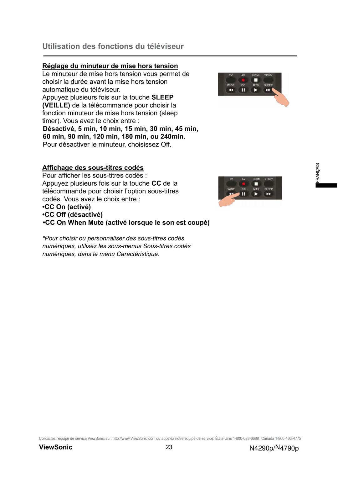 ViewSonic VS12122-1M, VS12121-1M warranty Utilisation des fonctions du téléviseur 