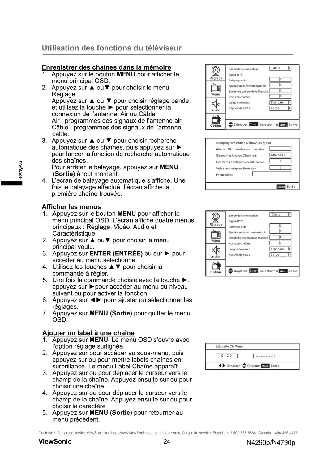 ViewSonic VS12121-1M warranty Enregistrer des chaînes dans la mémoire, Afficher les menus, Ajouter un label à une chaîne 