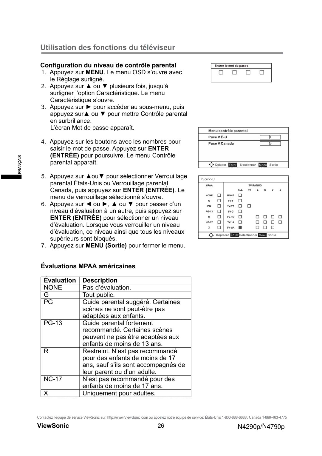 ViewSonic VS12121-1M, VS12122-1M Configuration du niveau de contrôle parental, Évaluations Mpaa américaines Description 