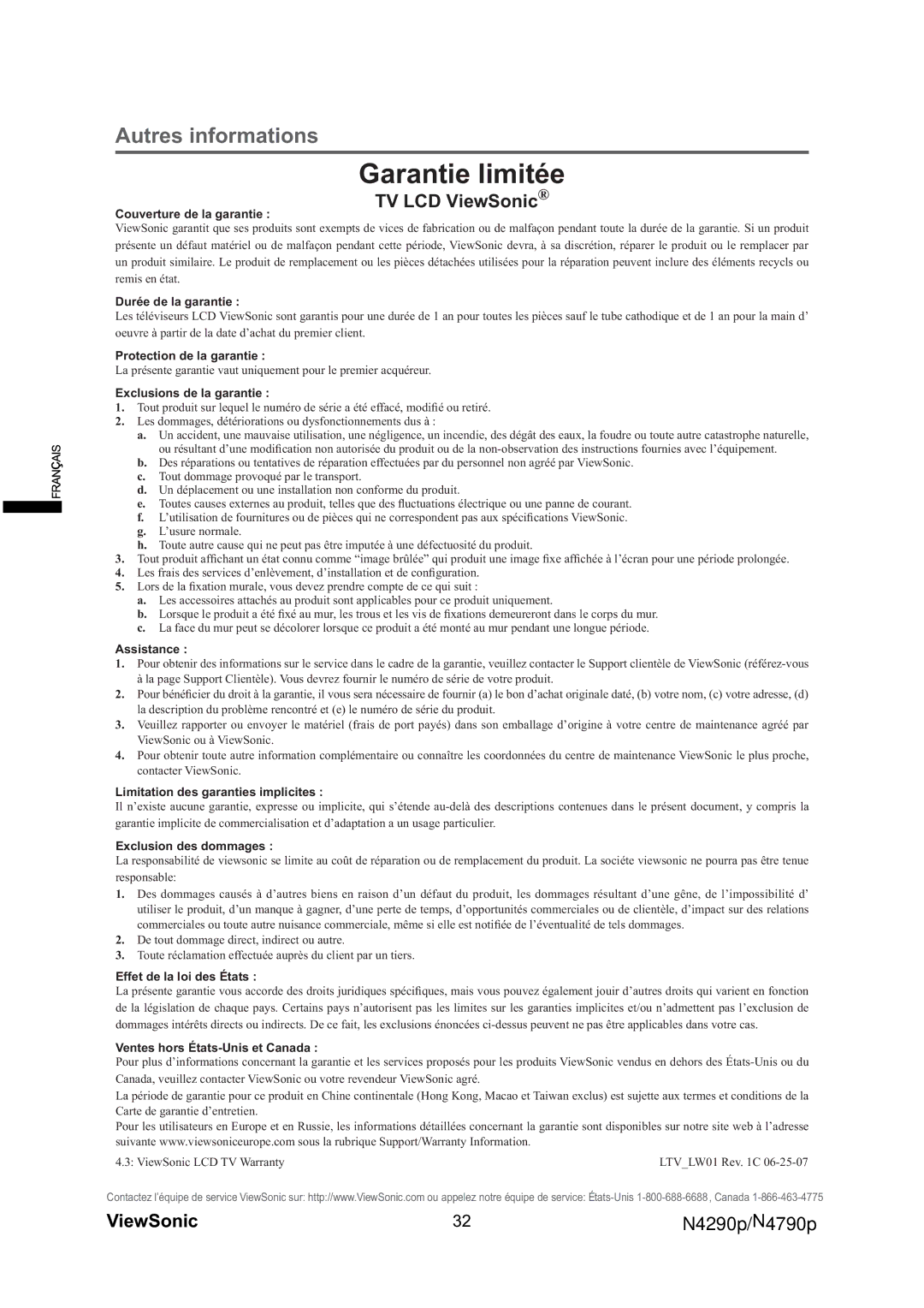 ViewSonic VS12121-1M, VS12122-1M warranty Garantie limitée 