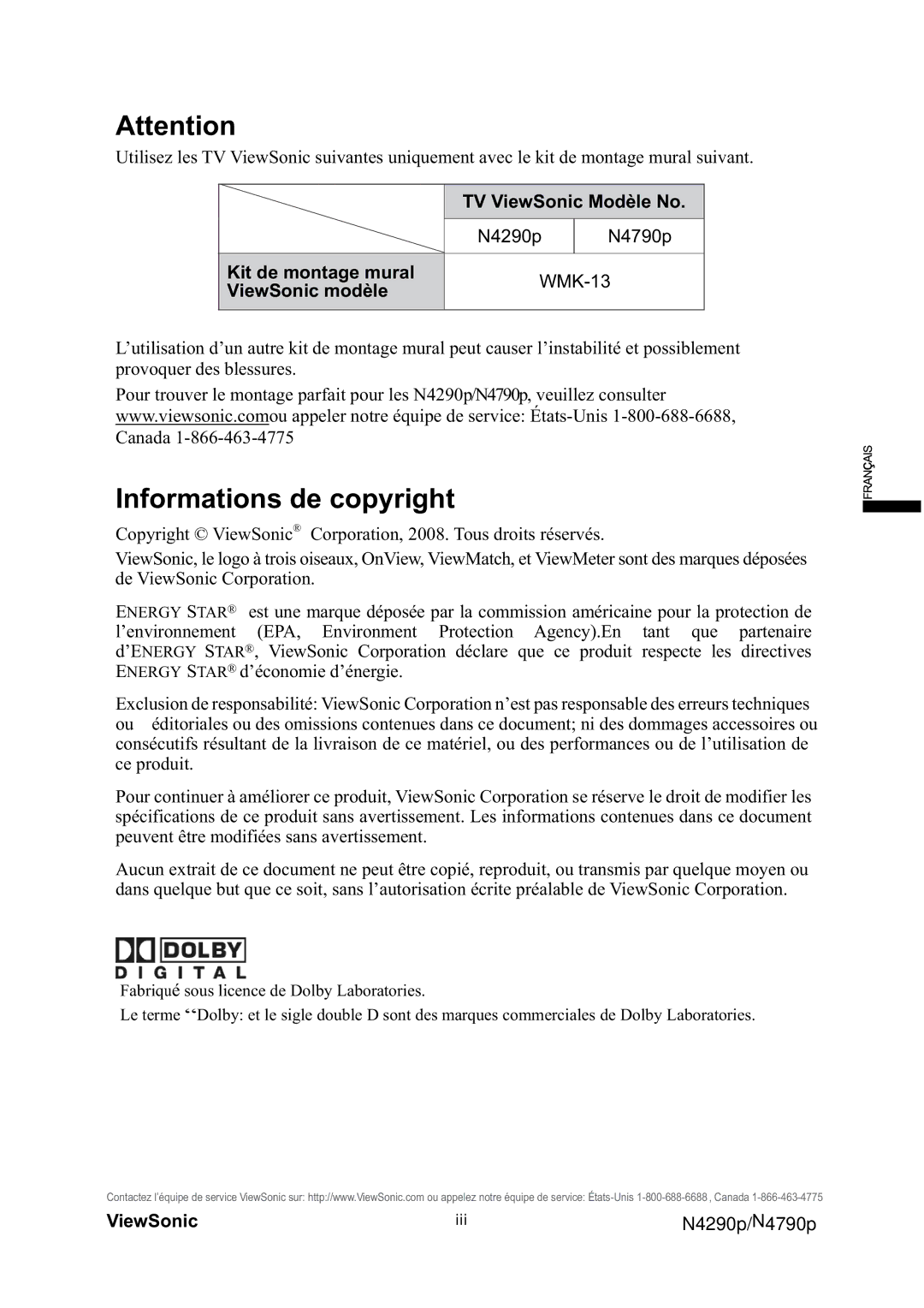 ViewSonic VS12122-1M, VS12121-1M Informations de copyright, TV ViewSonic Modèle No, Kit de montage mural, ViewSonic modèle 