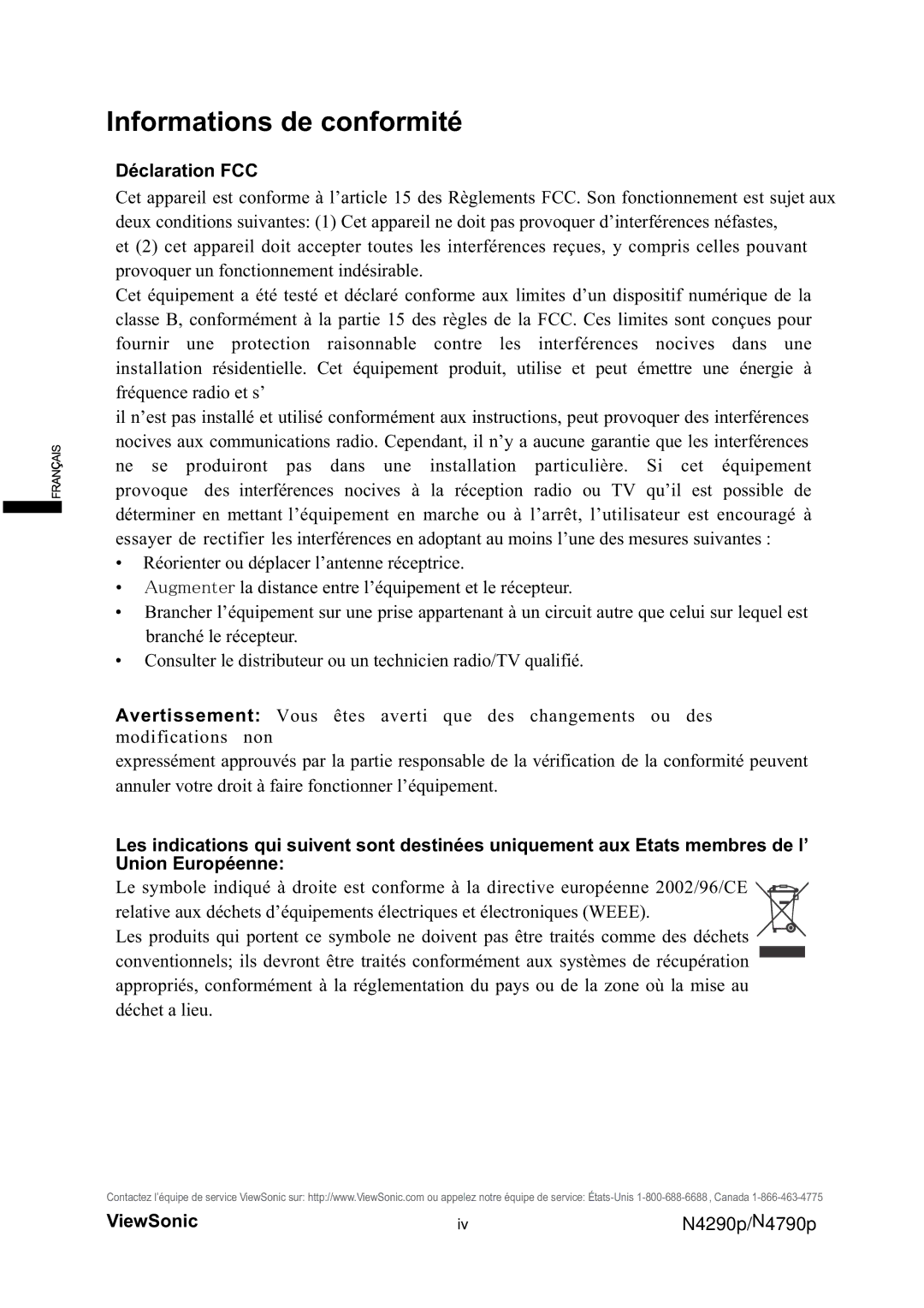 ViewSonic VS12121-1M, VS12122-1M warranty Informations de conformité, Déclaration FCC 