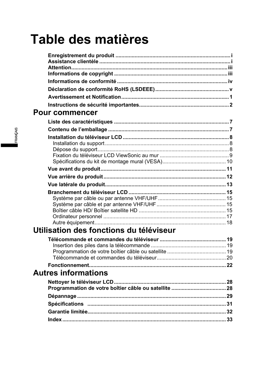 ViewSonic VS12121-1M, VS12122-1M warranty Pour commencer, Utilisation des fonctions du téléviseur, Autres informations 