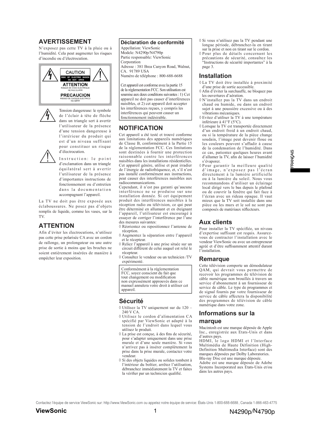 ViewSonic VS12122-1M, VS12121-1M warranty Avertissement, Notification 