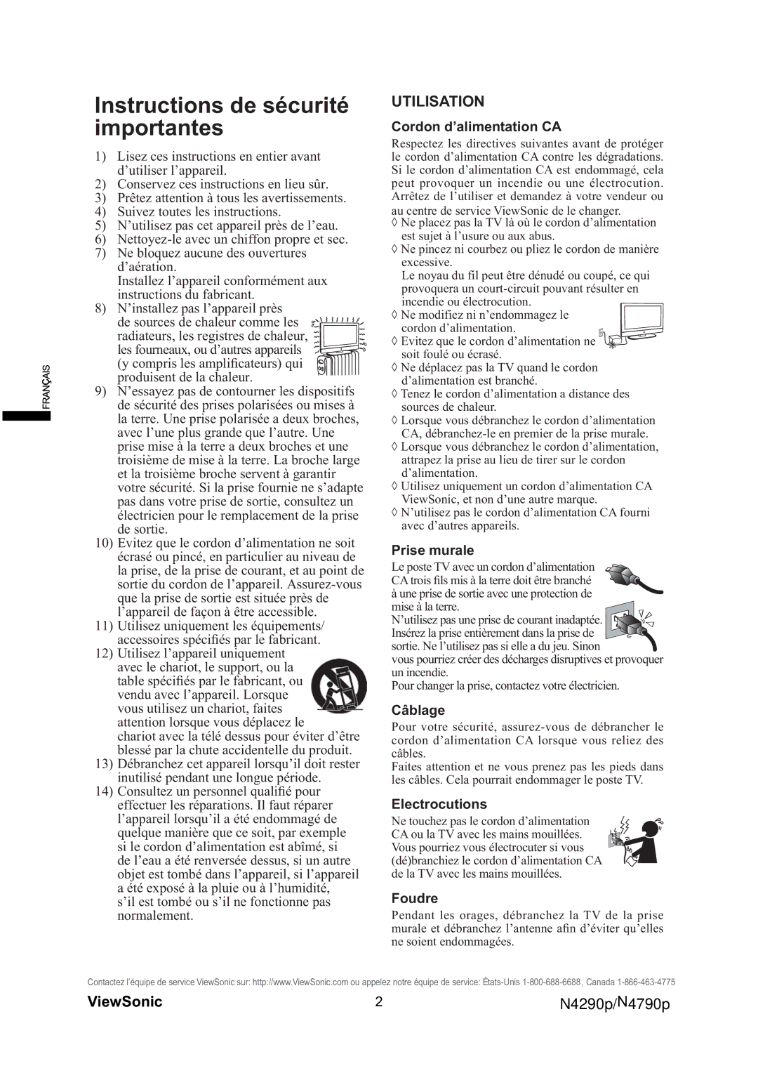 ViewSonic VS12121-1M, VS12122-1M warranty Instructions de sécurité importantes, Utilisation 