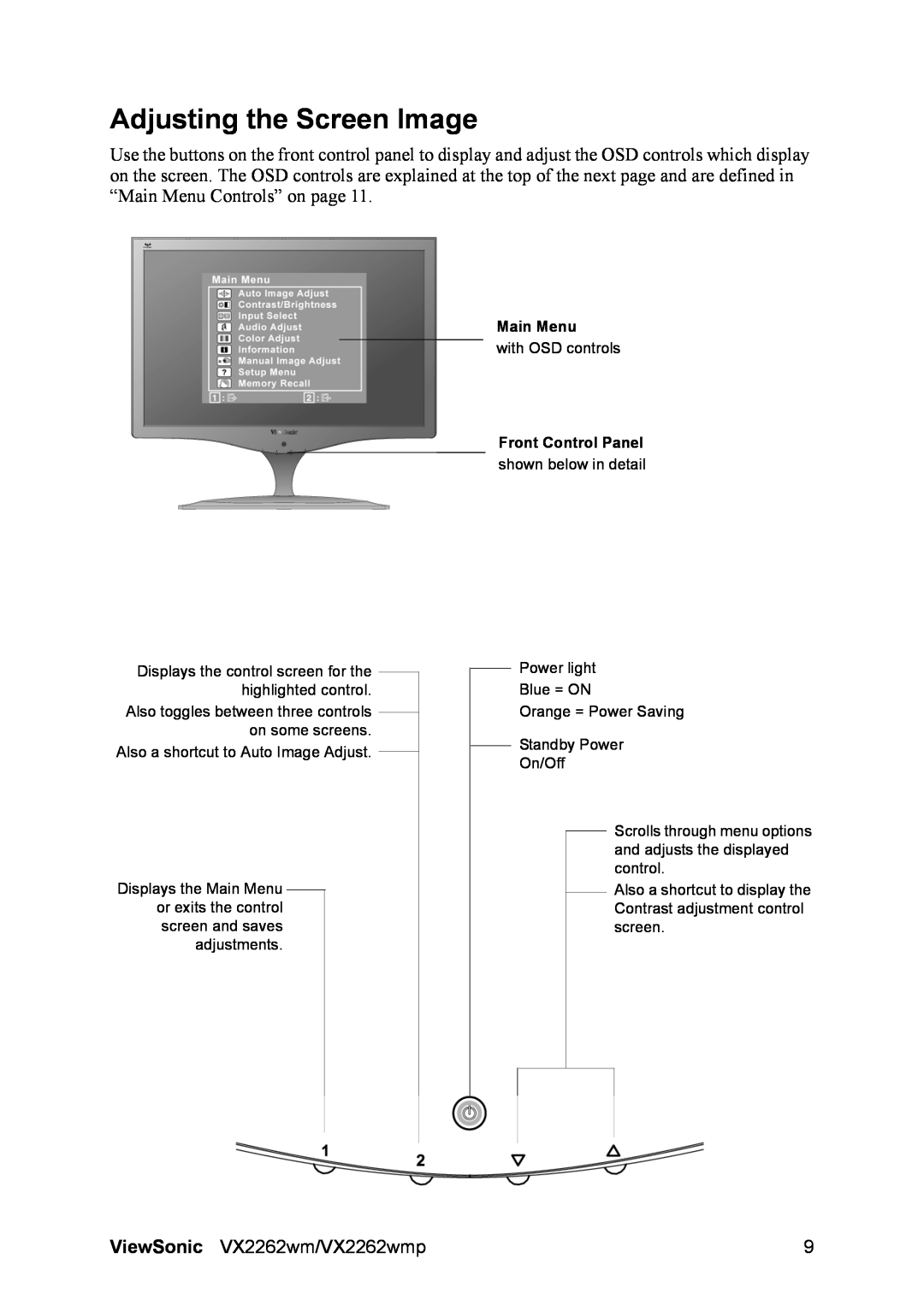 ViewSonic VS12132 warranty Adjusting the Screen Image, Main Menu, Front Control Panel 
