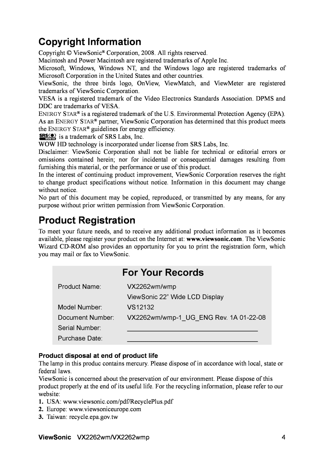 ViewSonic VS12132 Copyright Information, Product Registration, For Your Records, Product disposal at end of product life 