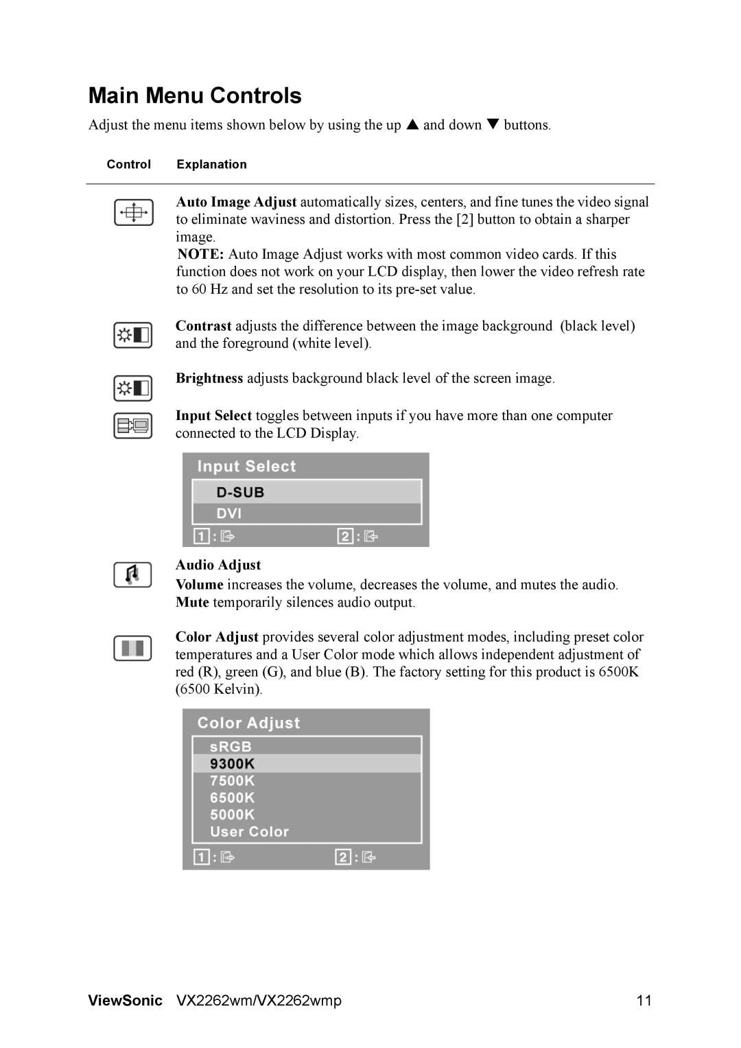 ViewSonic VS12132 warranty Main Menu Controls, Audio Adjust 