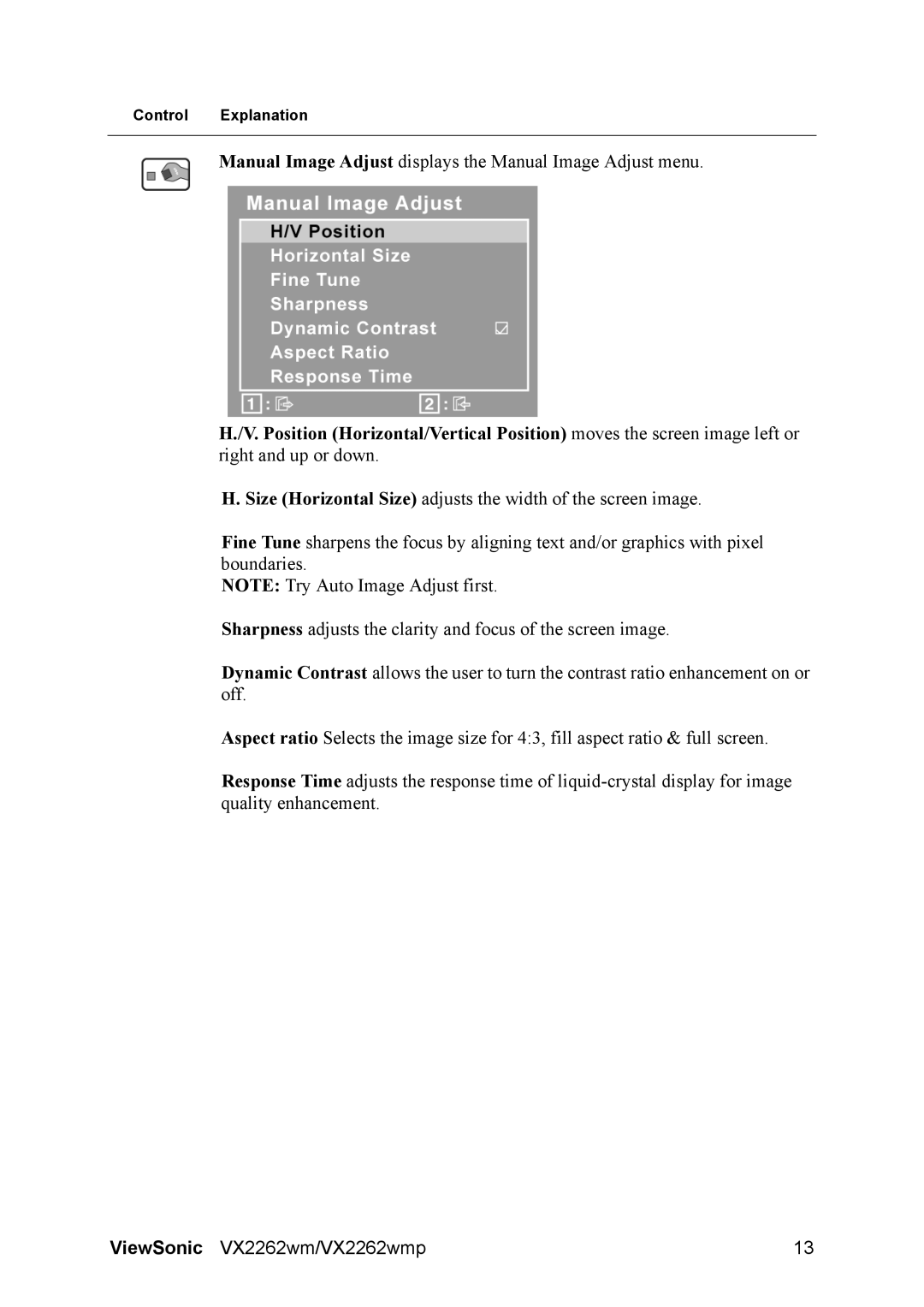 ViewSonic VS12132 warranty Manual Image Adjust displays the Manual Image Adjust menu 