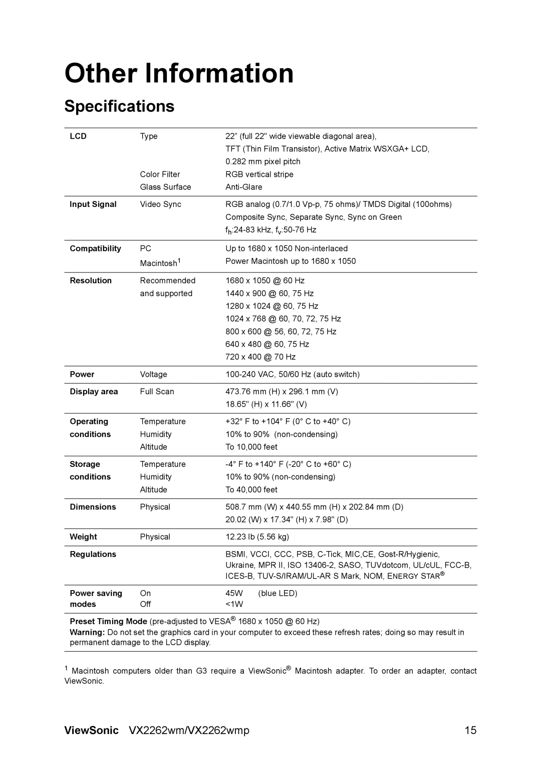 ViewSonic VS12132 warranty Other Information, Specifications 