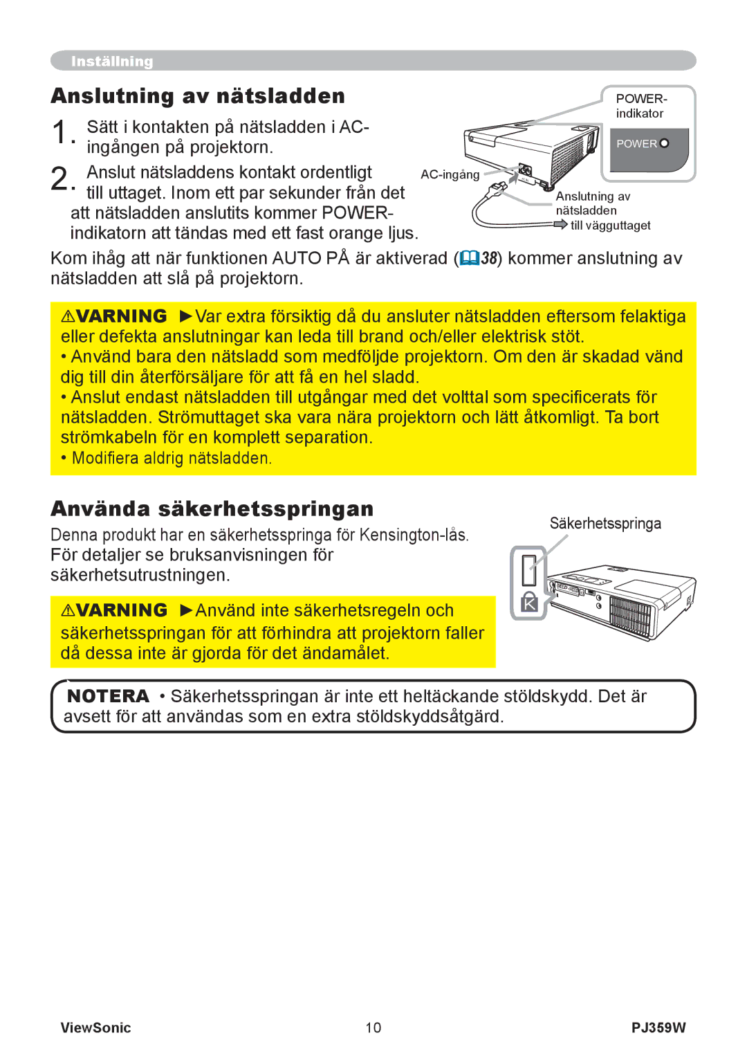 ViewSonic VS12188 manual Anslutning av nätsladden, Använda säkerhetsspringan, Anslut nätsladdens kontakt ordentligt 