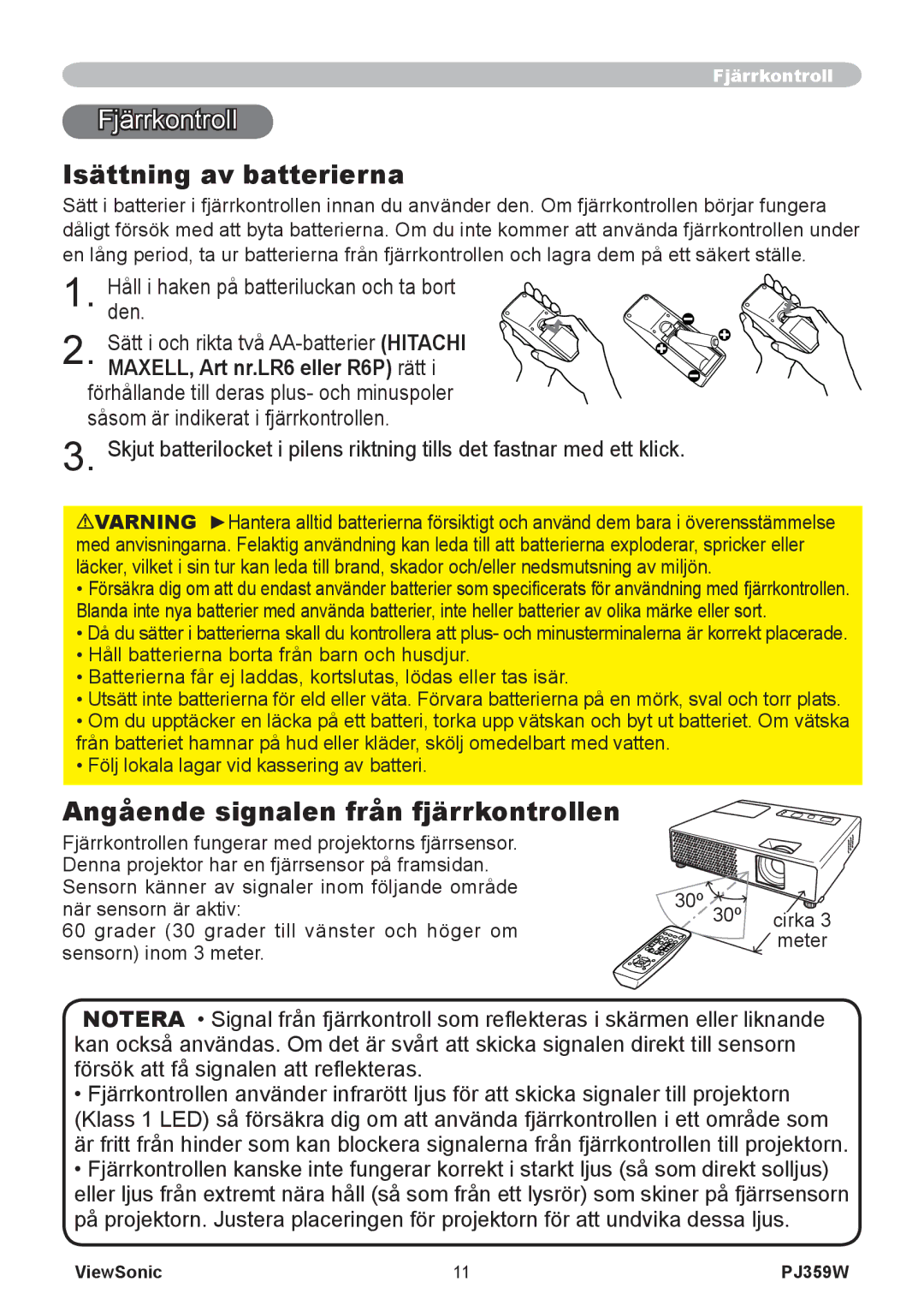 ViewSonic VS12188 manual Fjärrkontroll, Isättning av batterierna, Angående signalen från fjärrkontrollen 