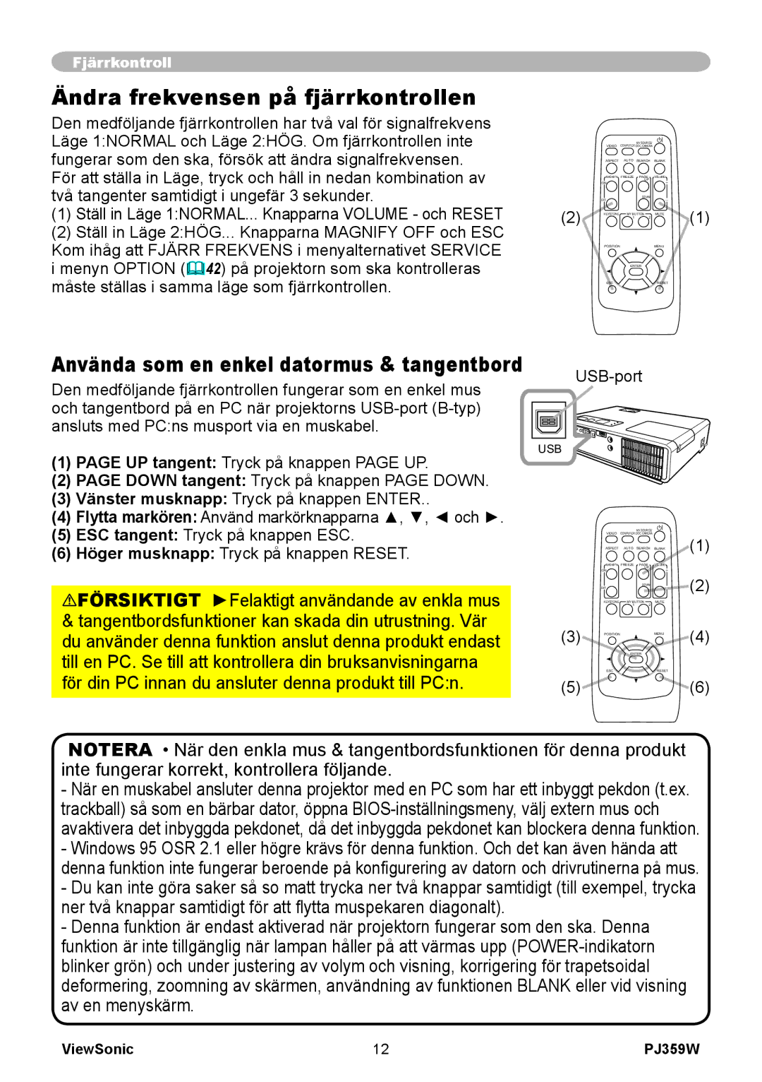 ViewSonic VS12188 manual Ändra frekvensen på fjärrkontrollen, Använda som en enkel datormus & tangentbord 