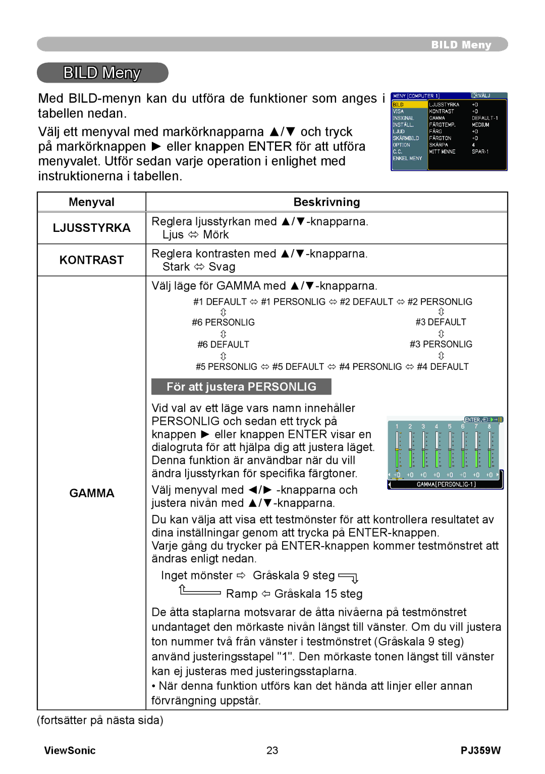 ViewSonic VS12188 manual Bild Meny, Gamma 