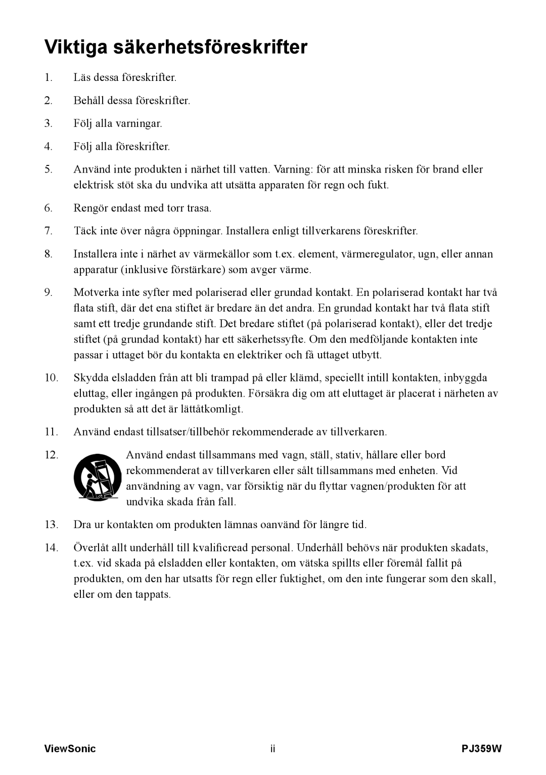 ViewSonic VS12188 manual Viktiga säkerhetsföreskrifter 