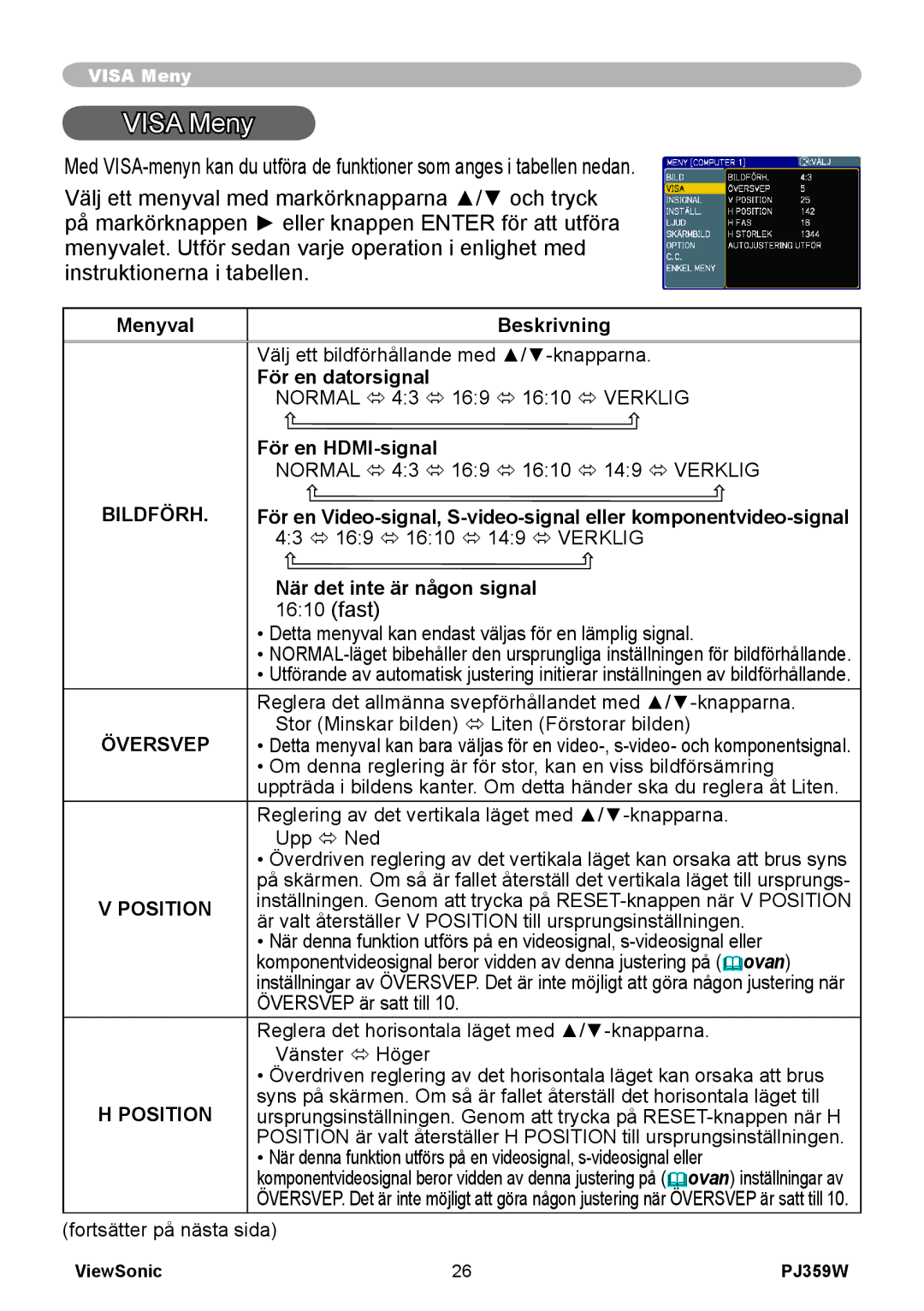 ViewSonic VS12188 manual Visa Meny, 43 ó 169 ó 1610 ó 149 ó Verklig, När det inte är någon signal, Översvep, Position 