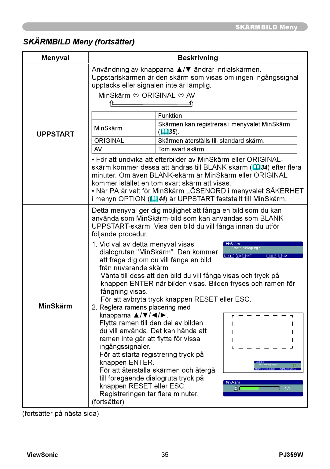 ViewSonic VS12188 manual Skärmbild Meny fortsätter, Uppstart, MinSkärm 