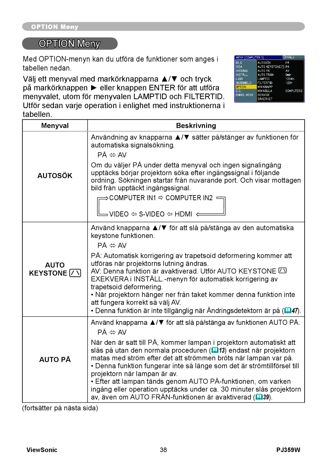 ViewSonic VS12188 manual Option Meny, Autosök, Auto PÅ 