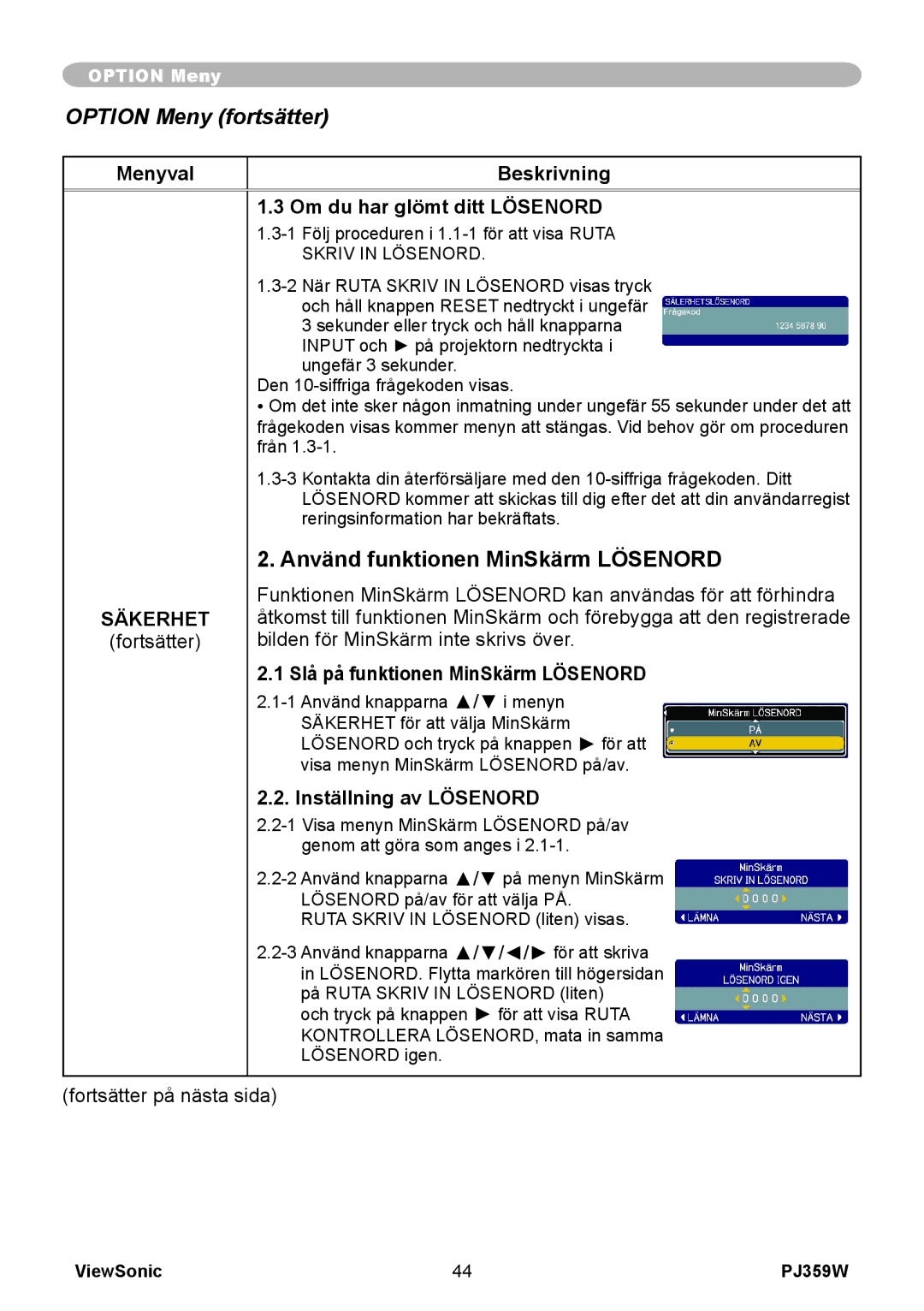 ViewSonic VS12188 manual Använd funktionen MinSkärm Lösenord, Menyval Beskrivning Om du har glömt ditt Lösenord 