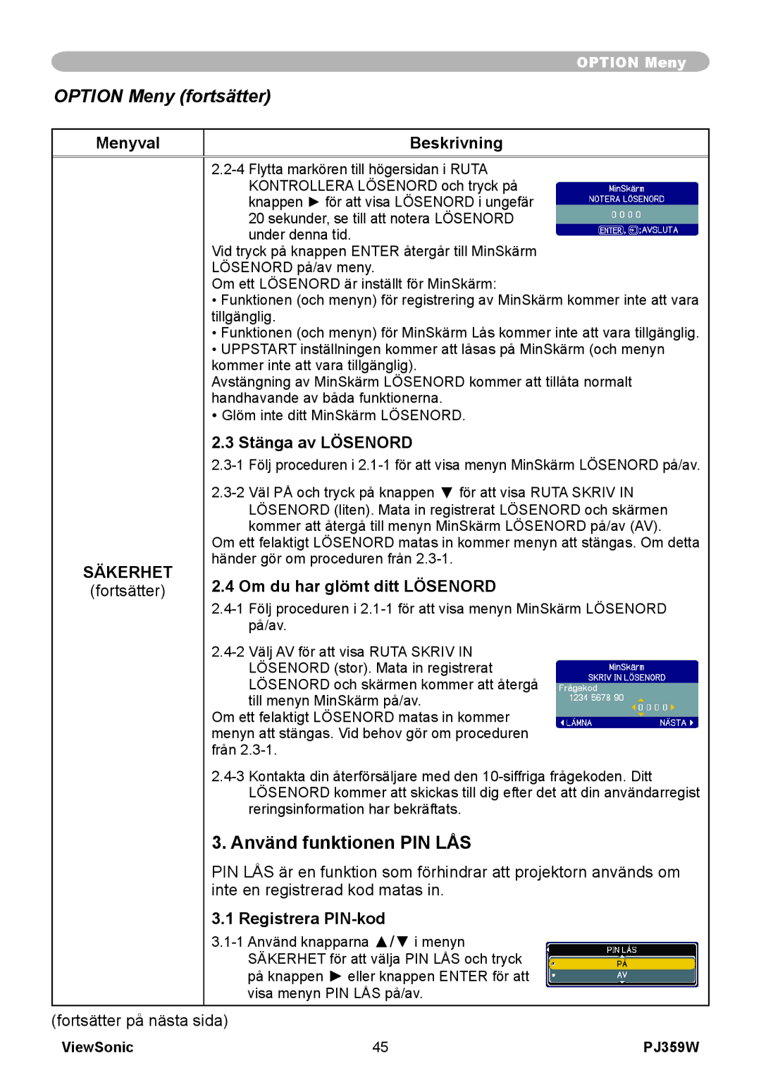 ViewSonic VS12188 manual Använd funktionen PIN LÅS, Stänga av Lösenord, Registrera PIN-kod 