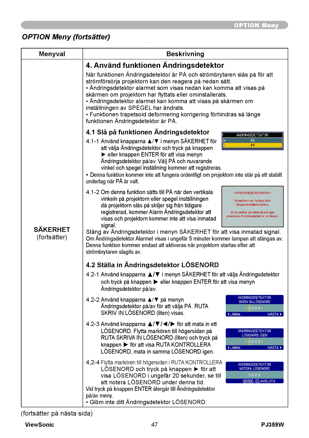 ViewSonic VS12188 manual Använd funktionen Ändringsdetektor, Slå på funktionen Ändringsdetektor 