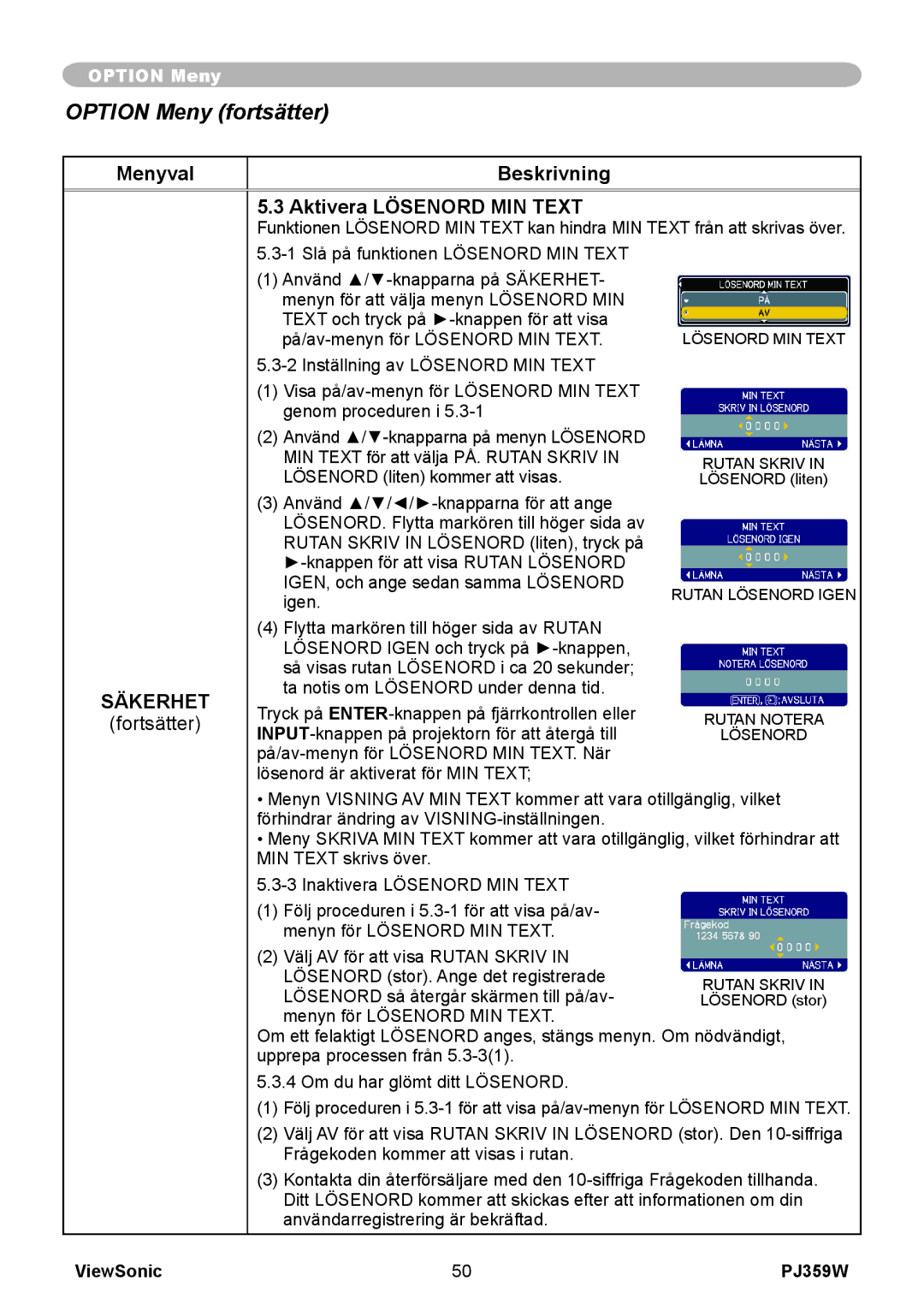 ViewSonic VS12188 manual Menyval Beskrivning Aktivera Lösenord MIN Text 