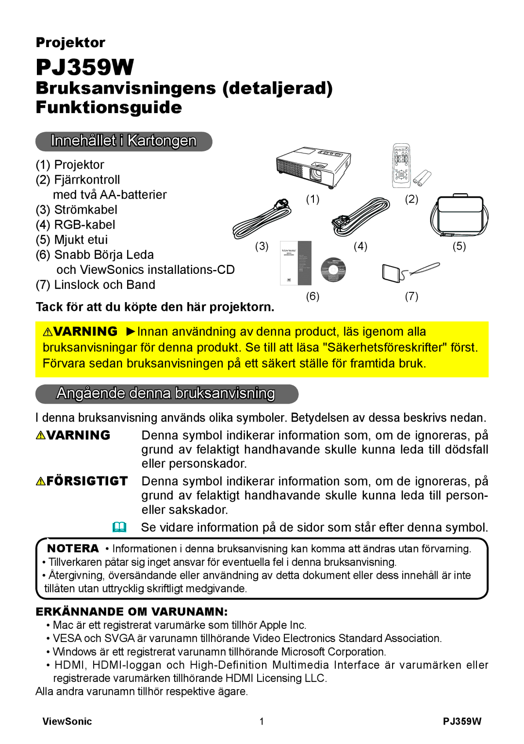 ViewSonic VS12188 manual Innehållet i Kartongen, Angående denna bruksanvisning, Tack för att du köpte den här projektorn 