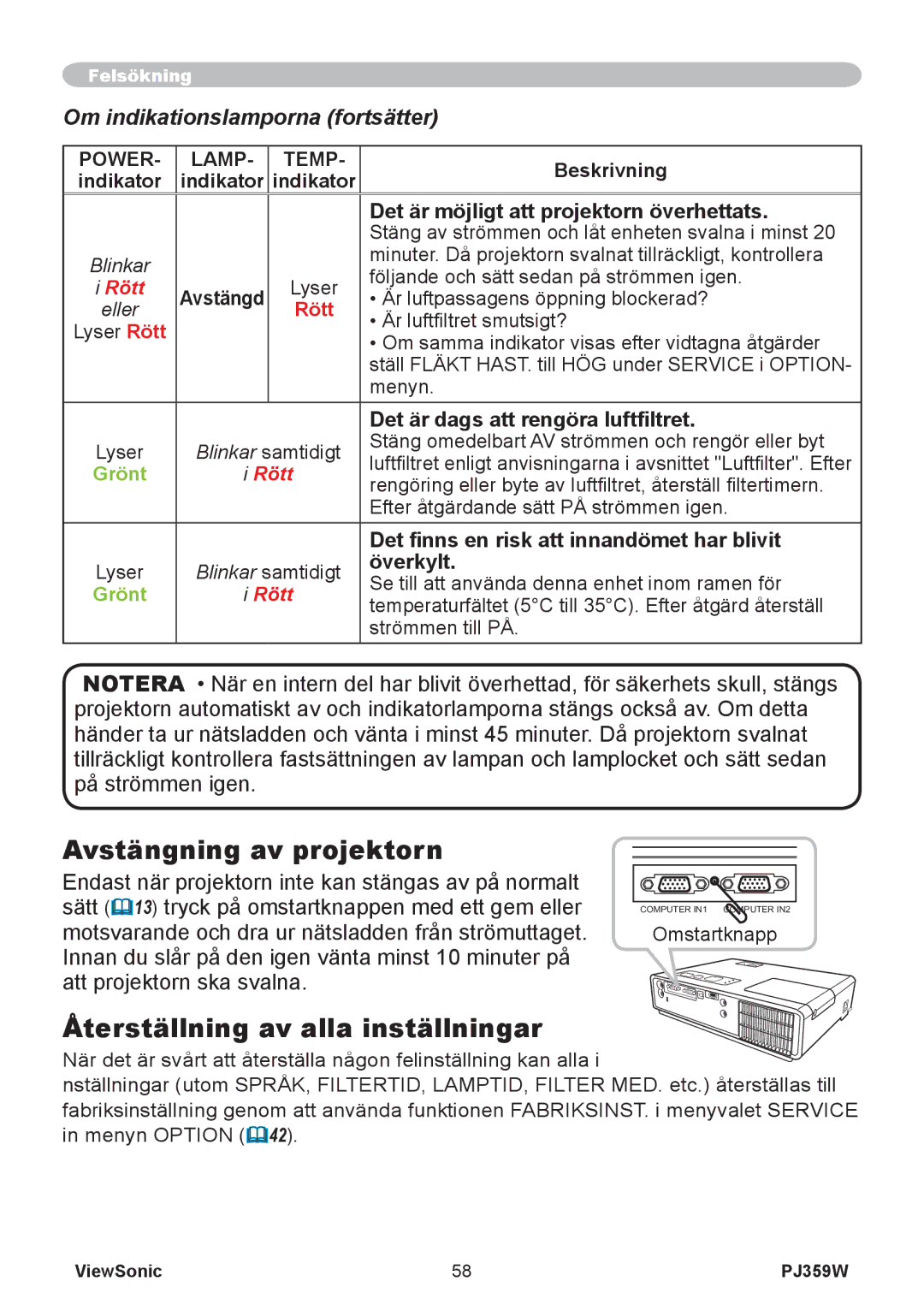 ViewSonic VS12188 manual Avstängning av projektorn, Återställning av alla inställningar, Om indikationslamporna fortsätter 