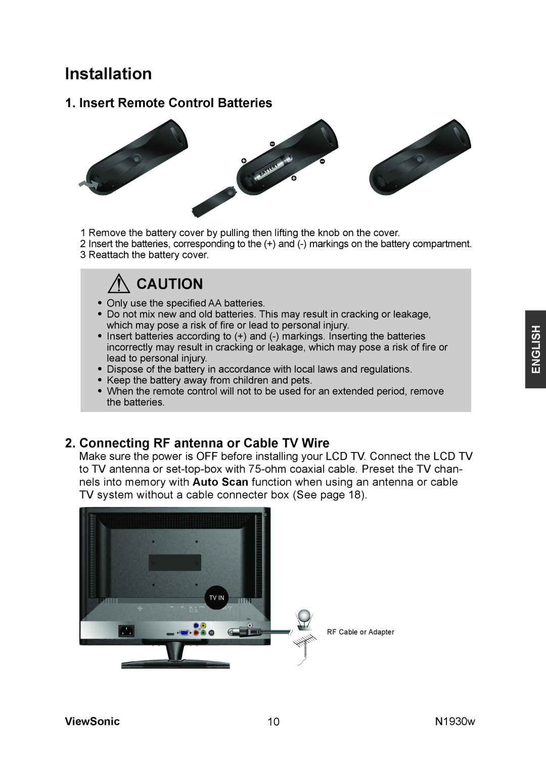 ViewSonic VS12197-1G manual Installation, Insert Remote Control Batteries, Connecting RF antenna or Cable TV Wire 