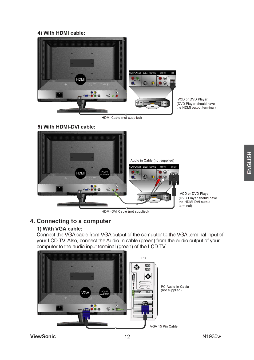 ViewSonic VS12197-1G manual Connecting to a computer, With HDMI-DVI cable 