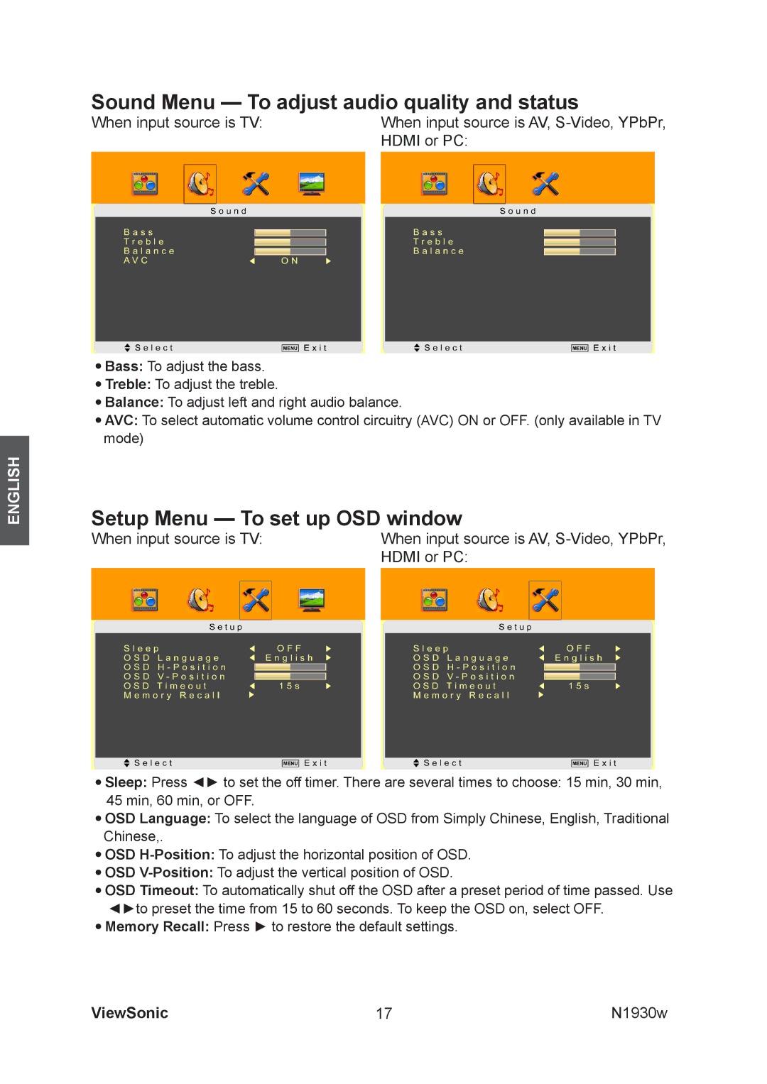 ViewSonic VS12197-1G manual Sound Menu To adjust audio quality and status 