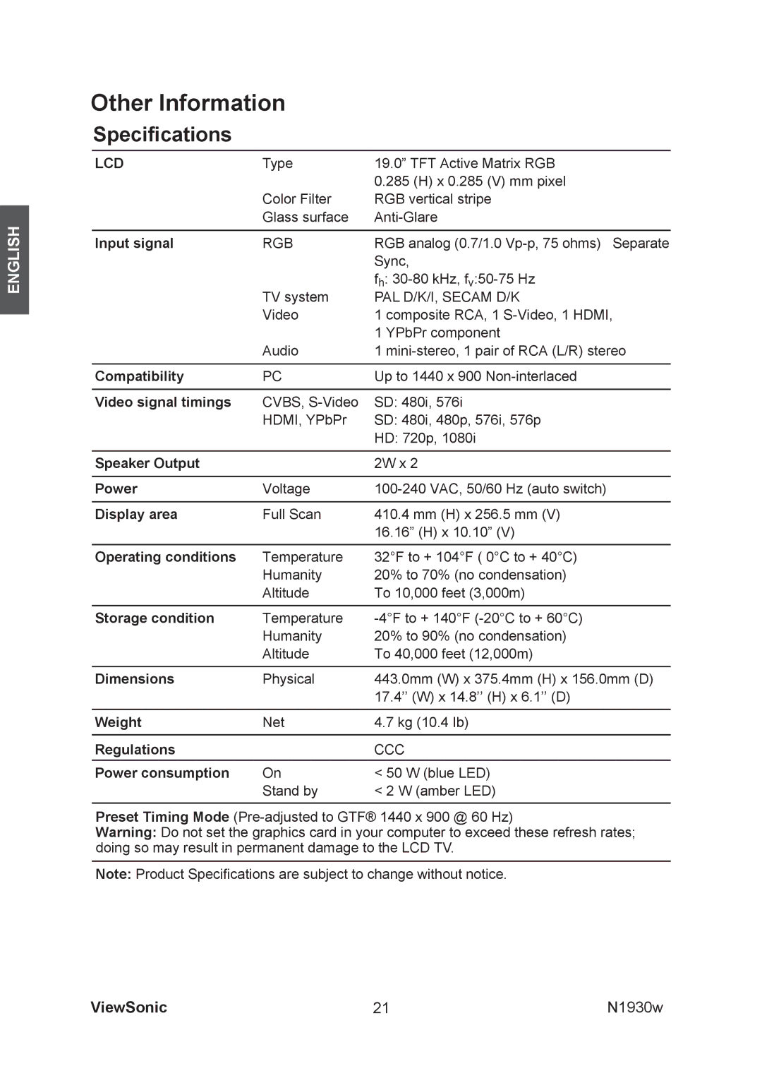 ViewSonic VS12197-1G manual Specifications 