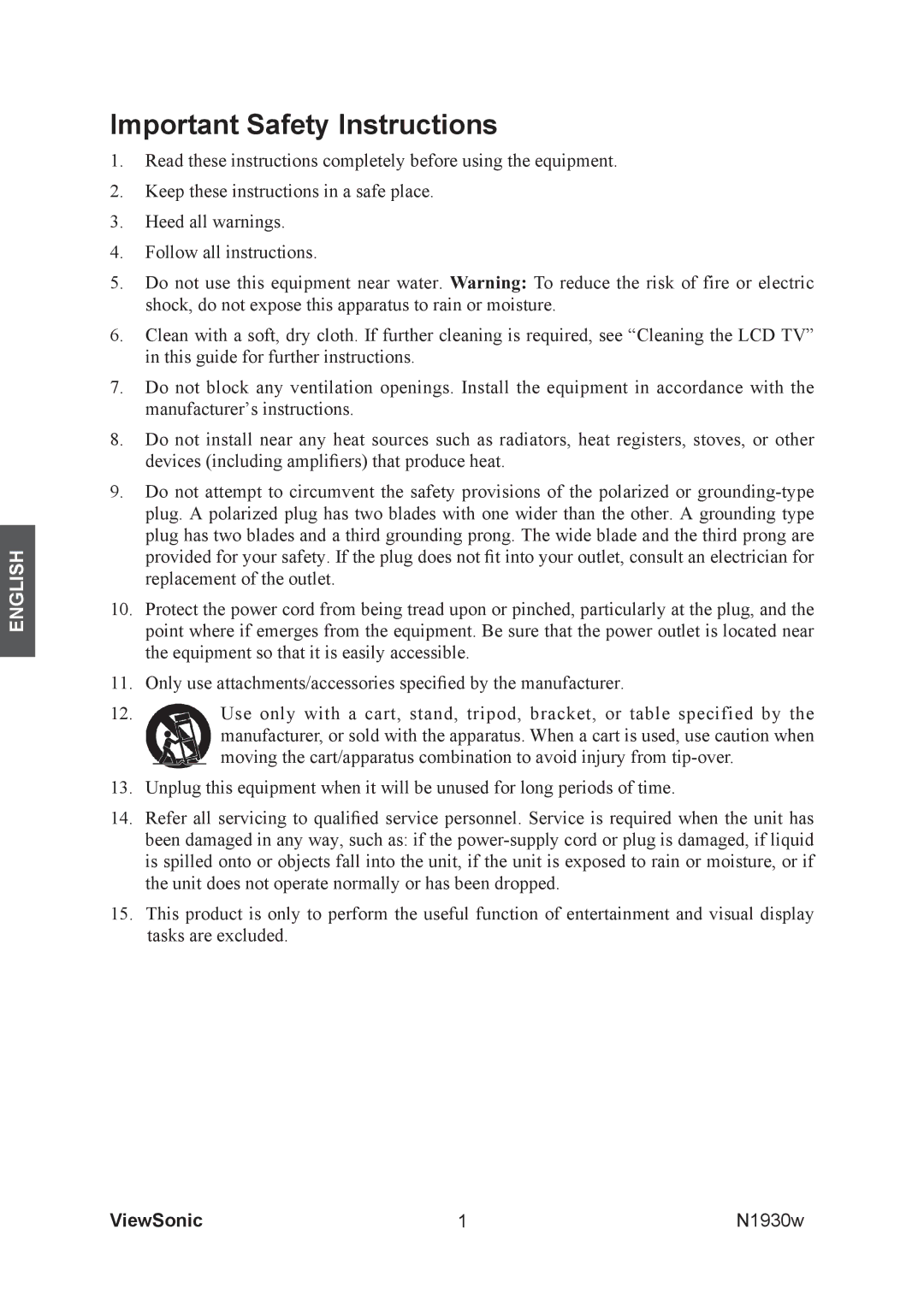 ViewSonic VS12197-1G manual Important Safety Instructions 