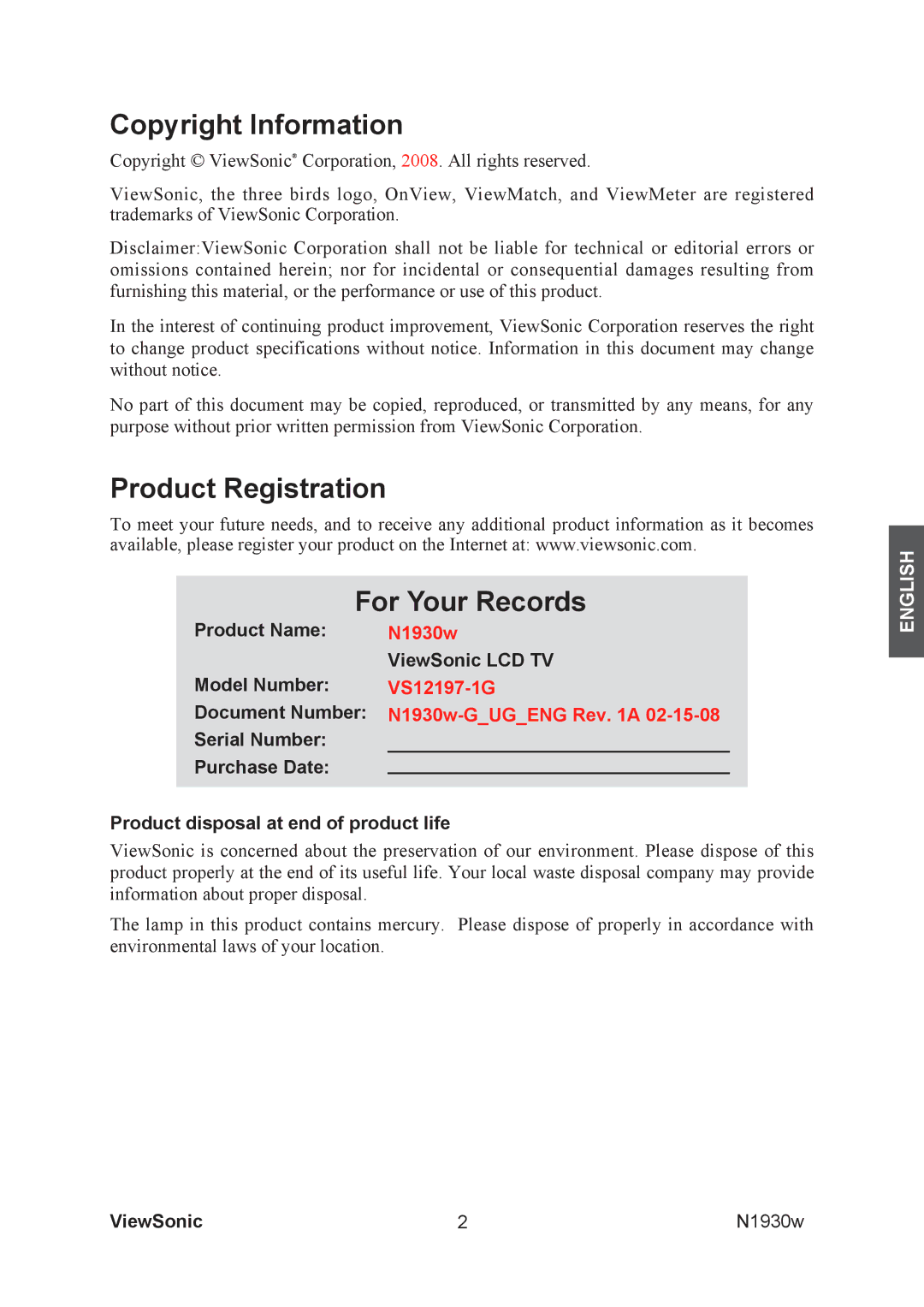 ViewSonic VS12197-1G manual Copyright Information, Product Registration For Your Records 