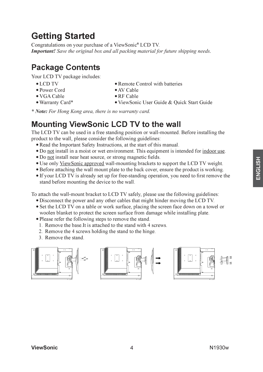 ViewSonic VS12197-1G manual Package Contents, Mounting ViewSonic LCD TV to the wall 