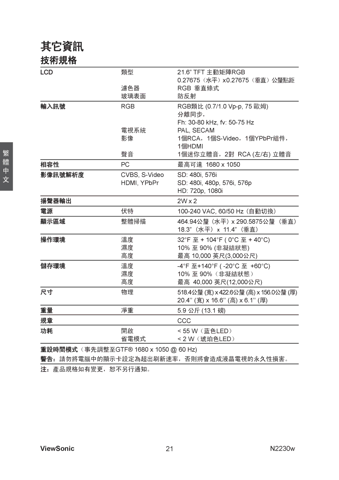 ViewSonic VS12198-1G manual 其它資訊 