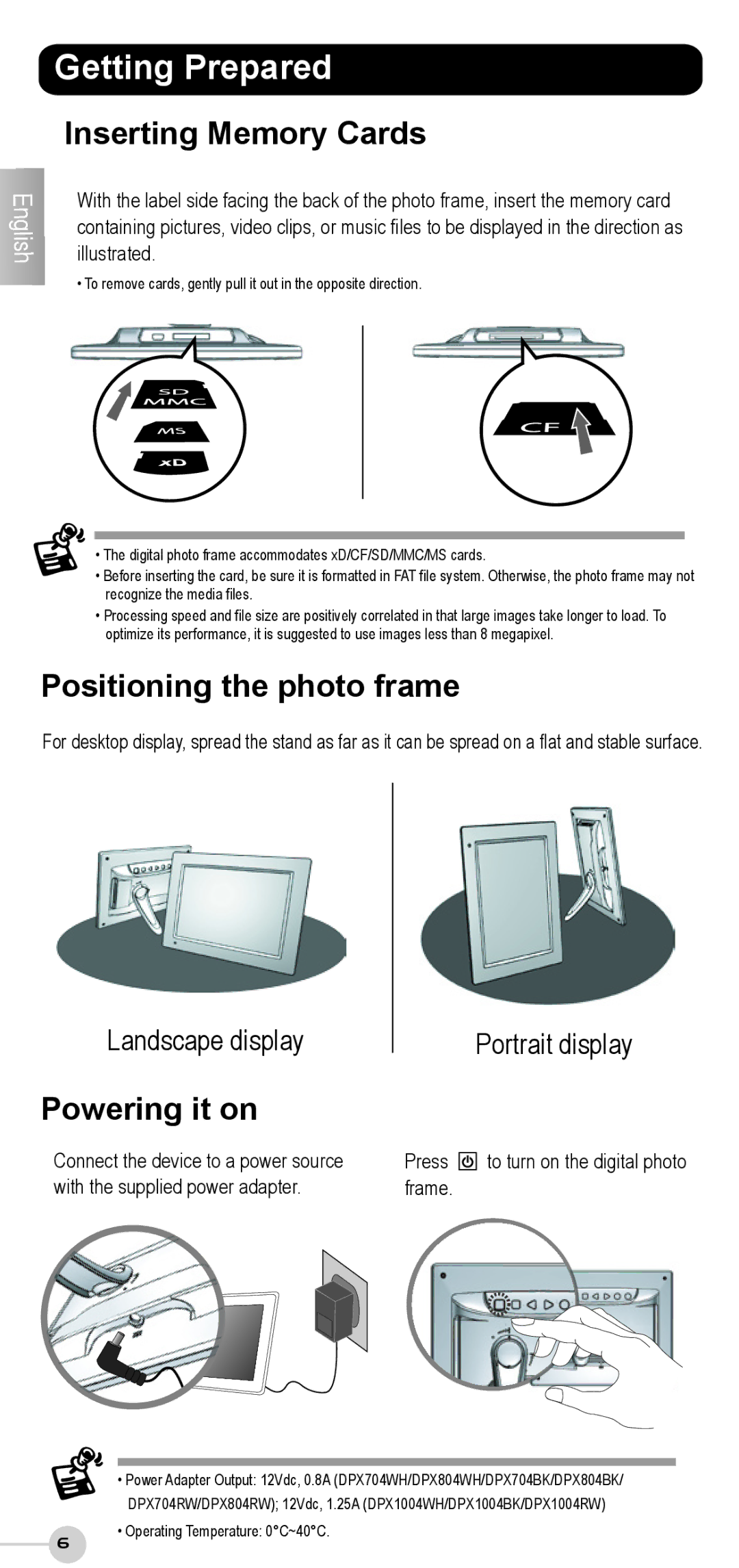 ViewSonic VS12207, VS12191, VS12190 Getting Prepared, Inserting Memory Cards, Positioning the photo frame, Powering it on 