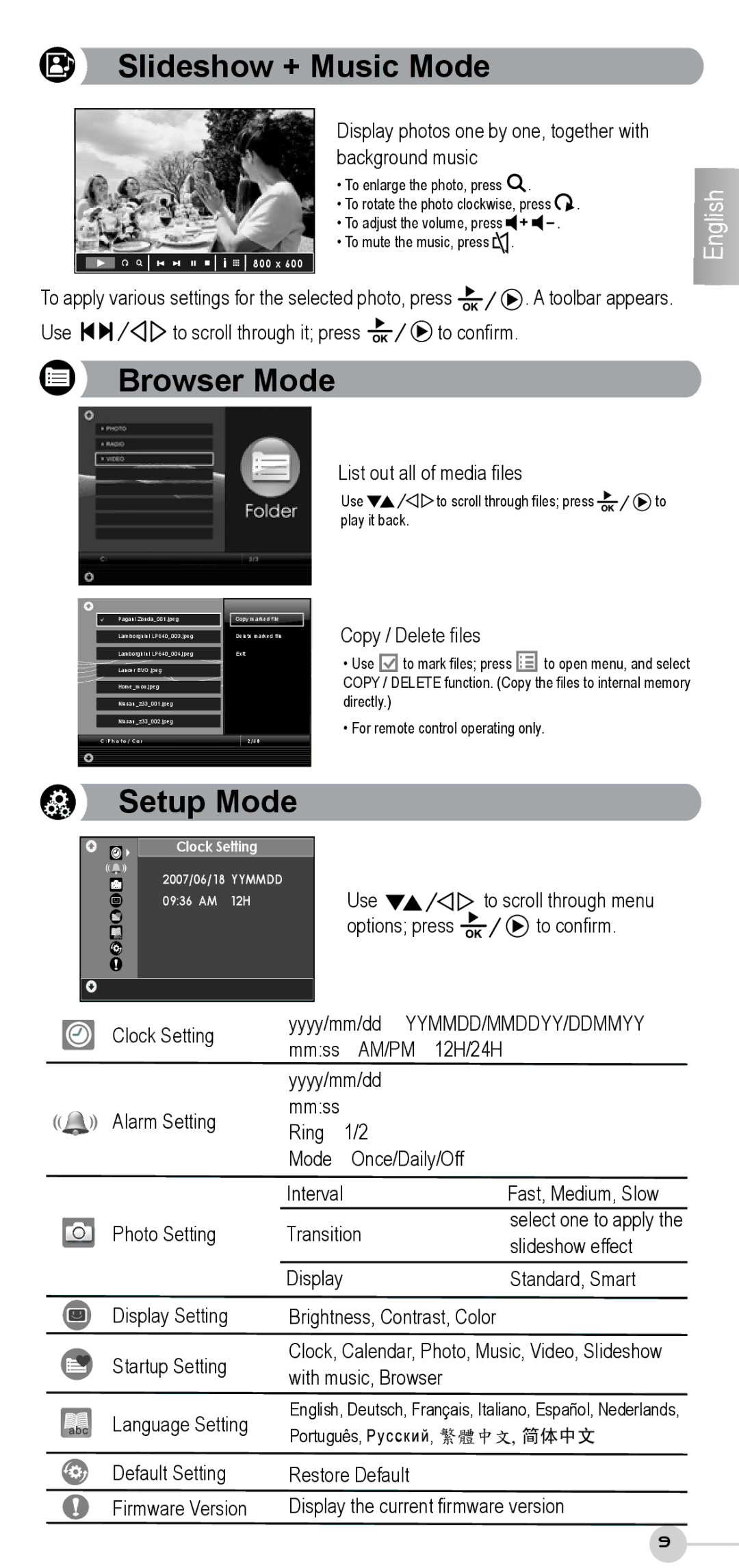 ViewSonic VS12207, VS12191, VS12190 quick start Slideshow + Music Mode, Browser Mode, Setup Mode 