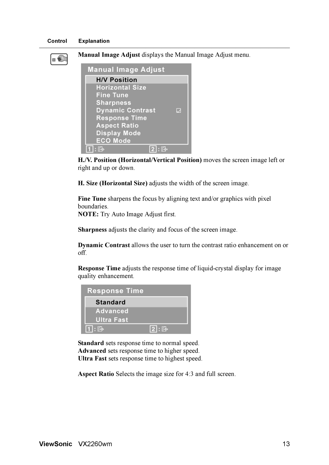 ViewSonic VX2260WM, VS12264 warranty Manual Image Adjust displays the Manual Image Adjust menu 