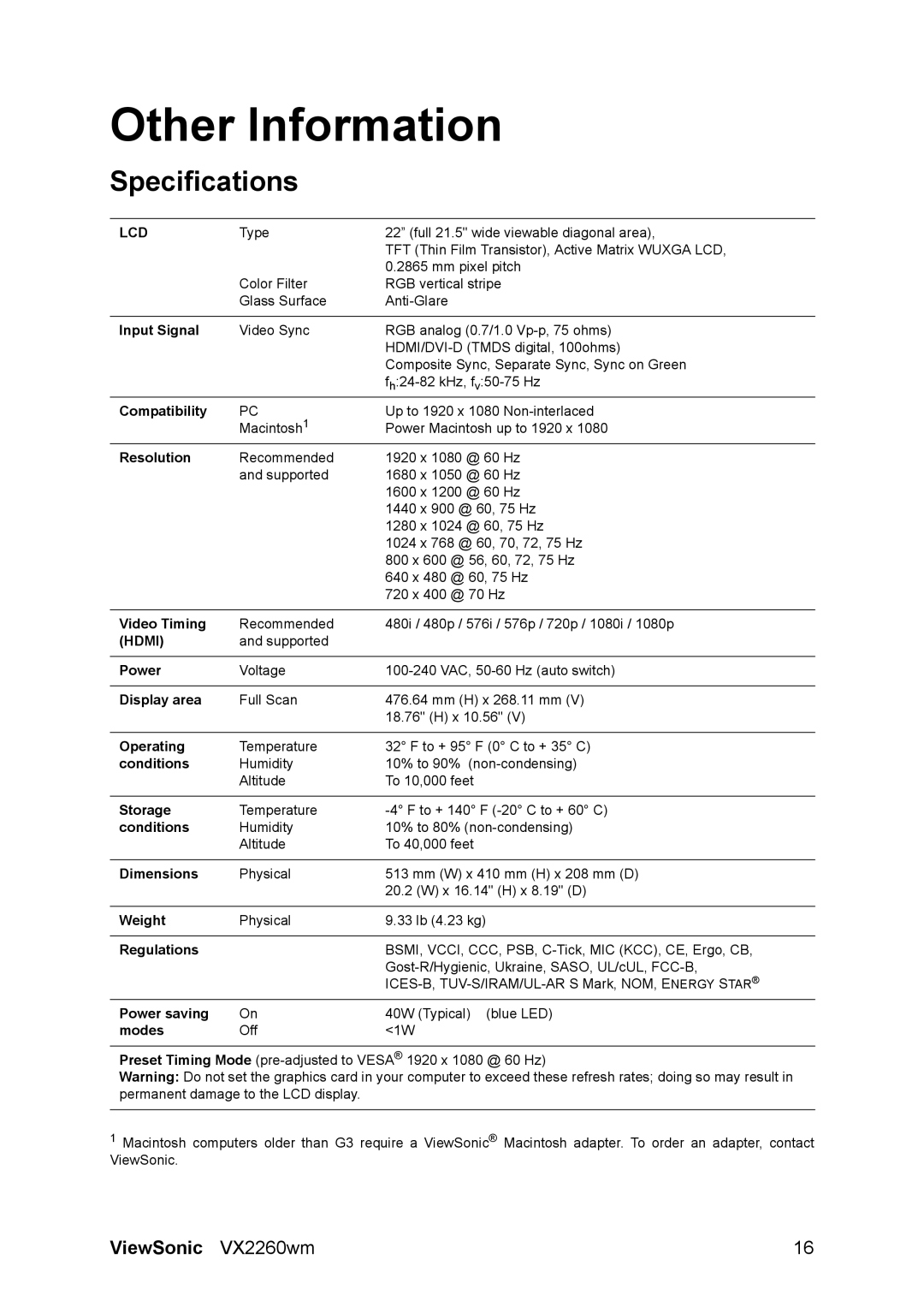 ViewSonic VS12264, VX2260WM warranty Other Information, Specifications 