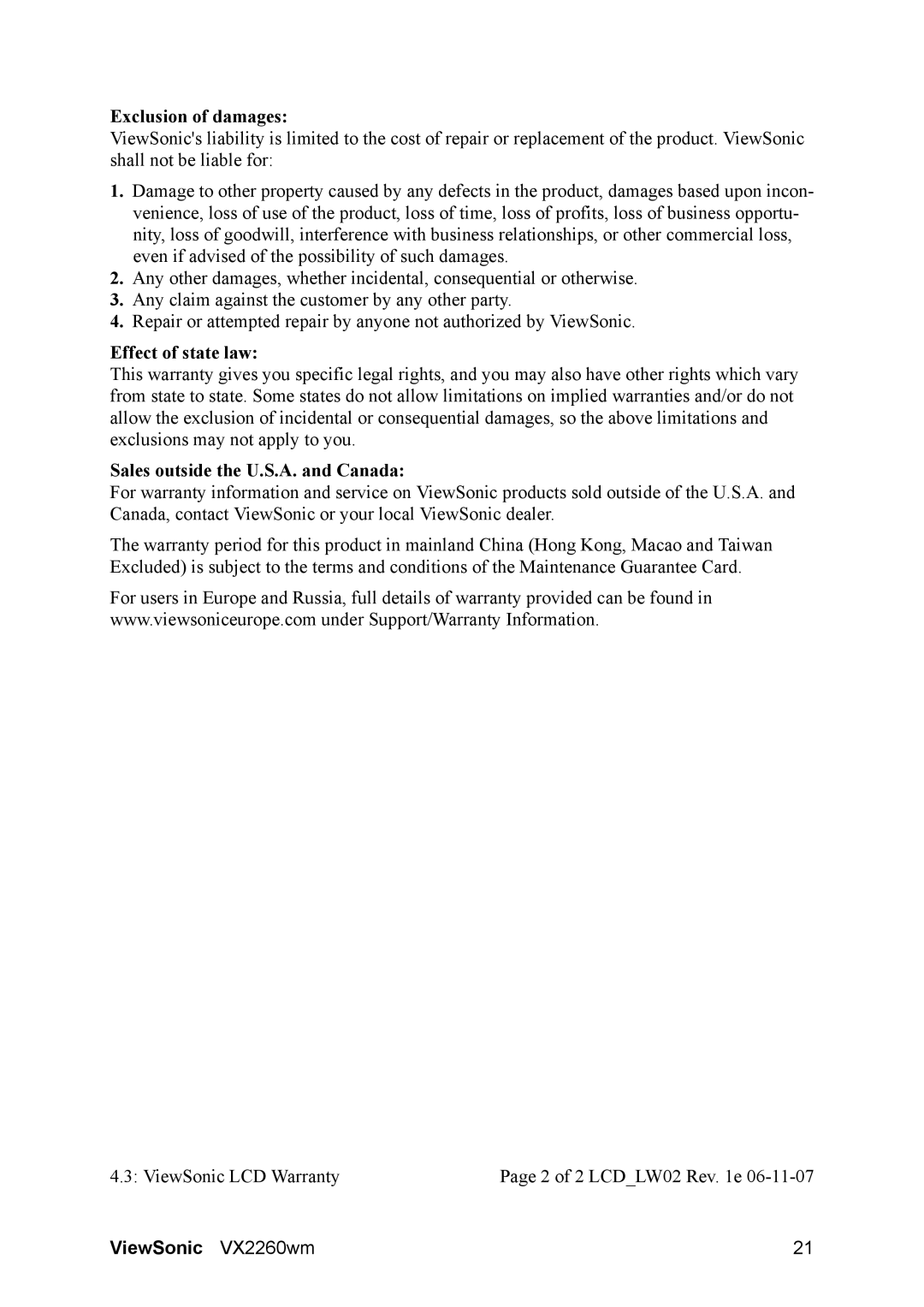 ViewSonic VX2260WM, VS12264 warranty Exclusion of damages, Effect of state law, Sales outside the U.S.A. and Canada 