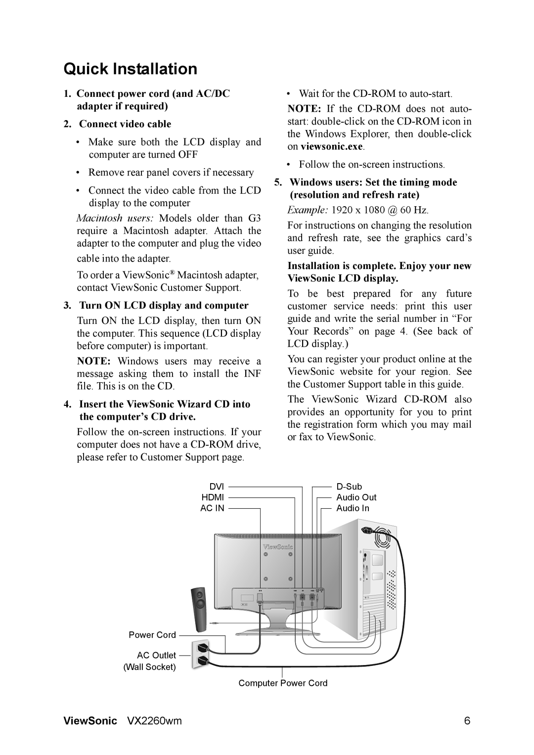 ViewSonic VS12264, VX2260WM warranty Quick Installation, Turn on LCD display and computer 